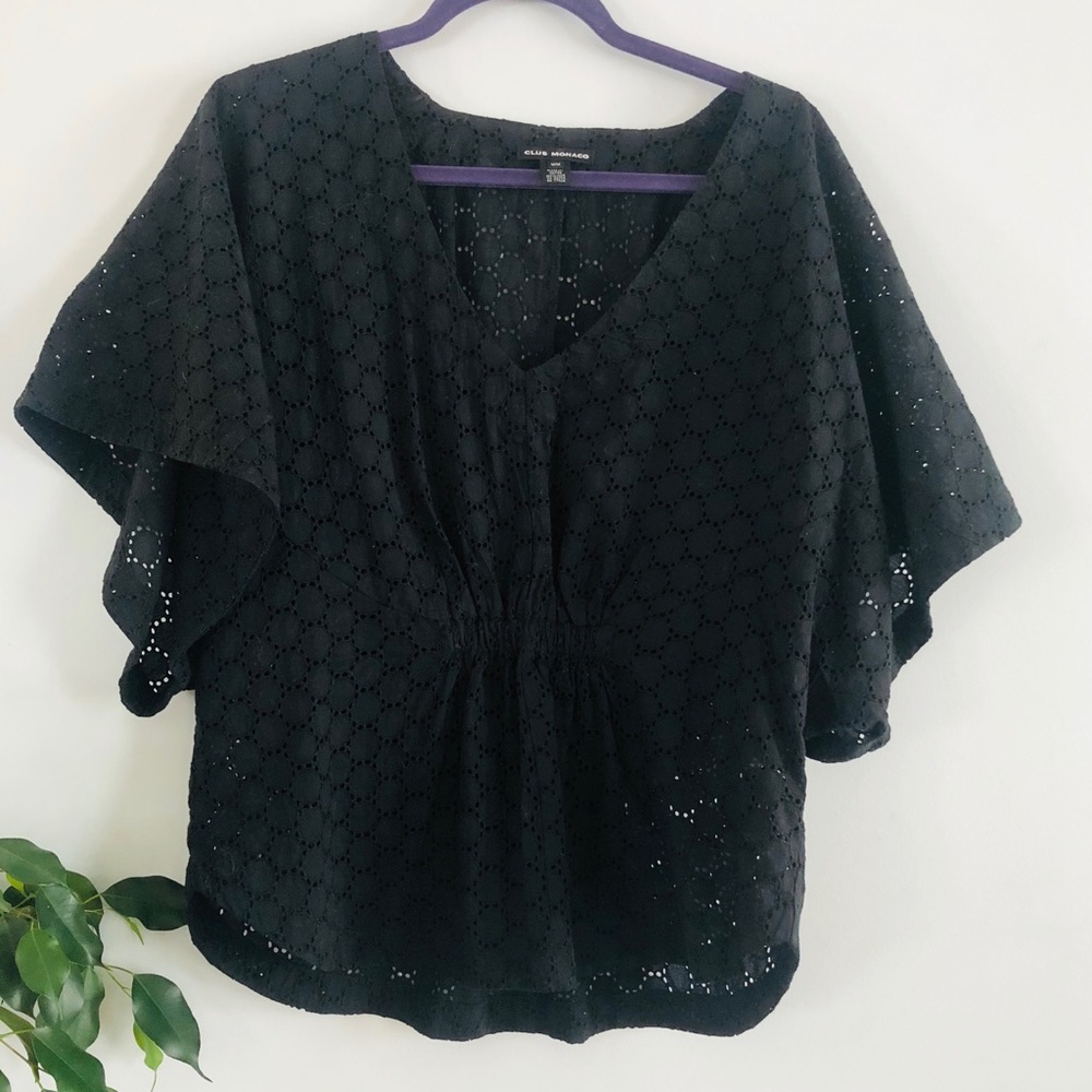 Club Monaco Black Eyelet Bats Sleeve Top